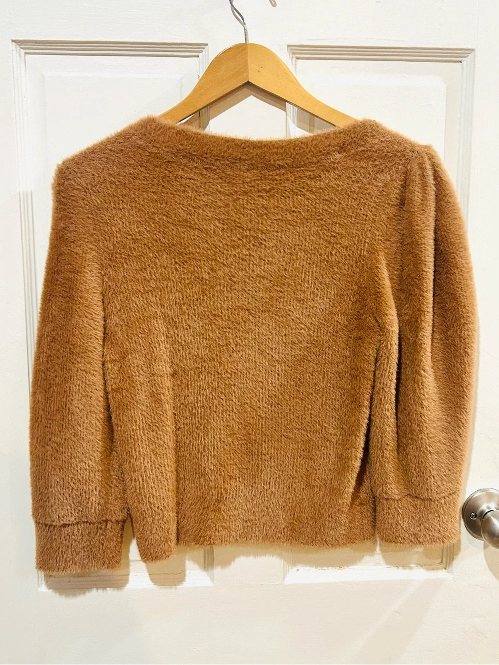 Free People Moonbeam Camel Brown Fuzzy Knit Top Cozy Boho Puff Sleeve Size S